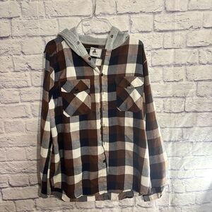 Brown and White Plaid Hooded Shirt